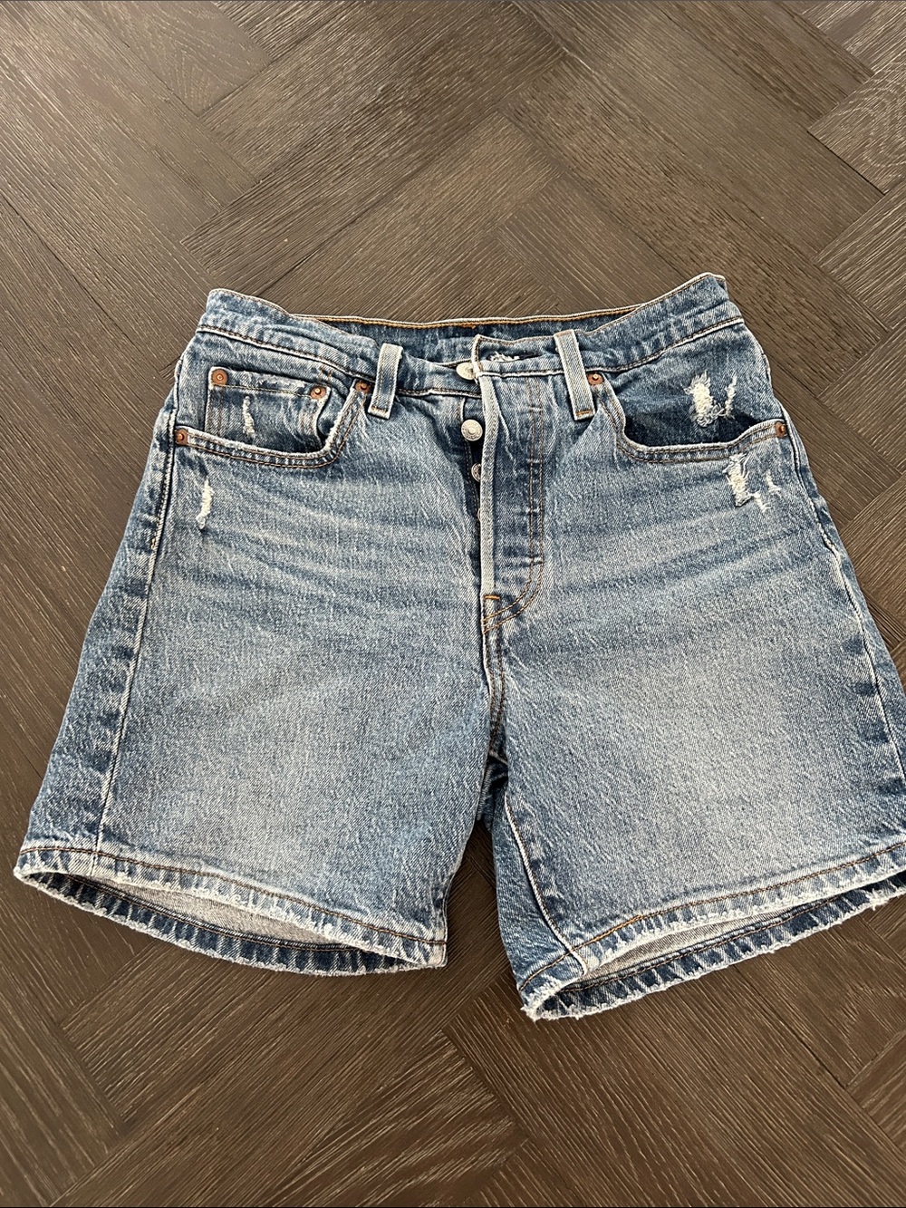 Levi's Light Blue Distressed High-Rise Denim Shorts